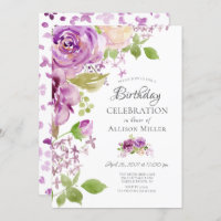 Purple Peonies Floral Birthday Party Invitation