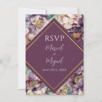 Purple Peonies Floral Modern Wedding RSVP