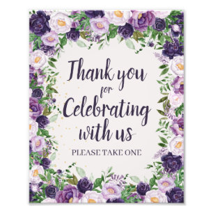 Purple Peonies Floral Thank You Party Favour Photo Print