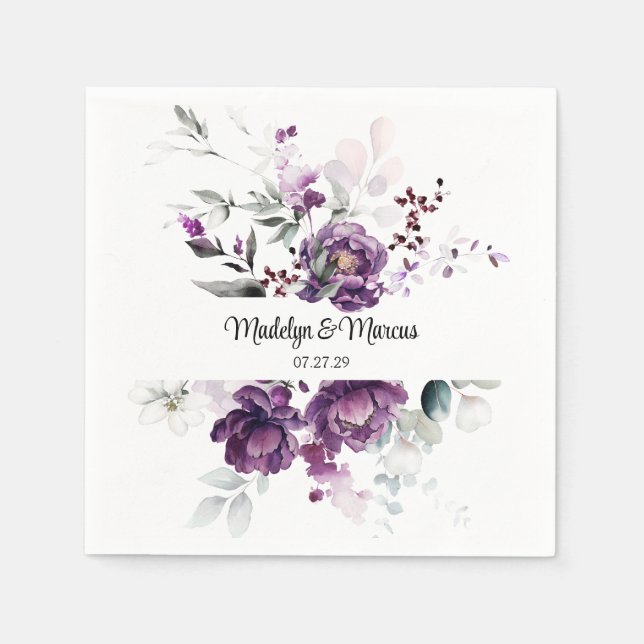 Purple Peonies Floral Wedding Napkins (Front)