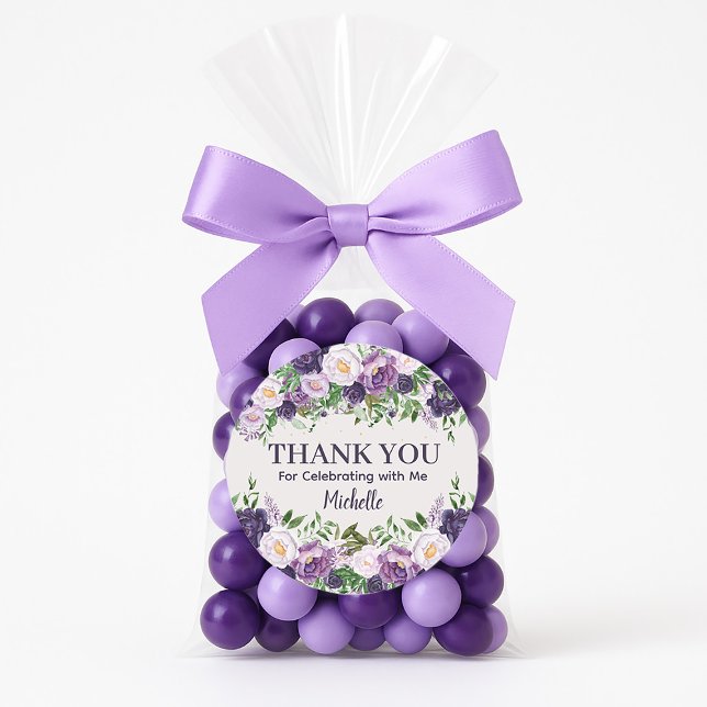 Purple Peonies Floral Women's Birthday Thank You Classic Round Sticker (Purple peonies birthday party "Thank you" favor bag sticker)