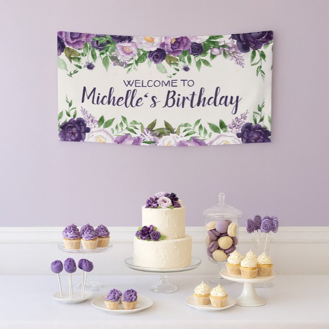 Purple Peonies Floral Women's Birthday Welcome  Banner (Purple floral birthday banner customizable with your own text.)