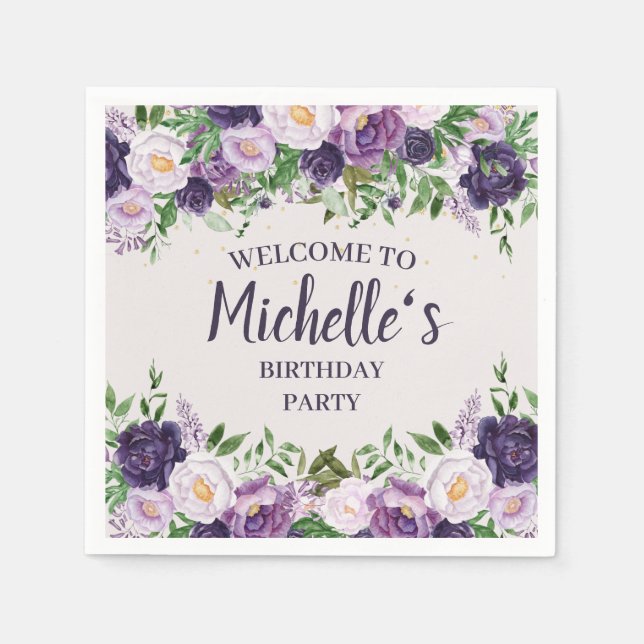 Purple Peonies Floral Women's Birthday Welcome  Napkin (Front)