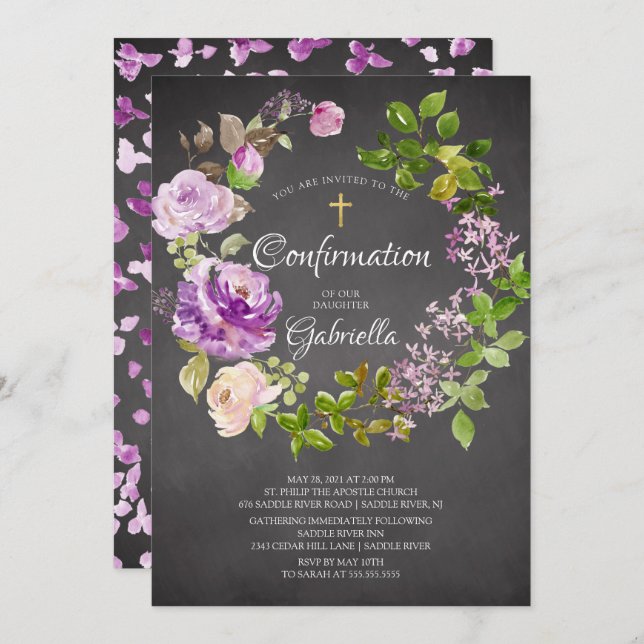 Purple Peonies Floral Wreath Confirmation Invitation (Front/Back)