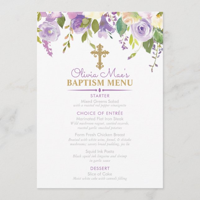 Purple Peonies Girl Baptism Custom 5x7 Event Menu (Front)