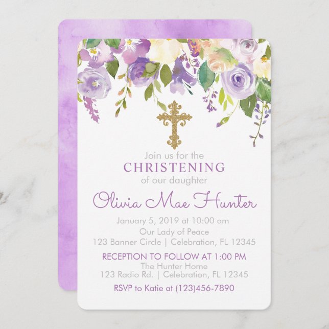 Purple Peonies Girl Christening Invitation (Front/Back)