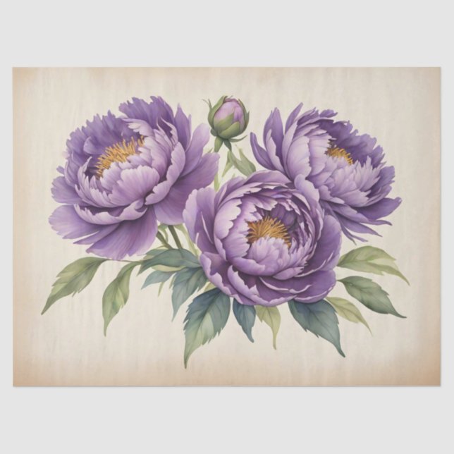 Purple Peonies on Parchment Decoupage Tissue Paper (Front)