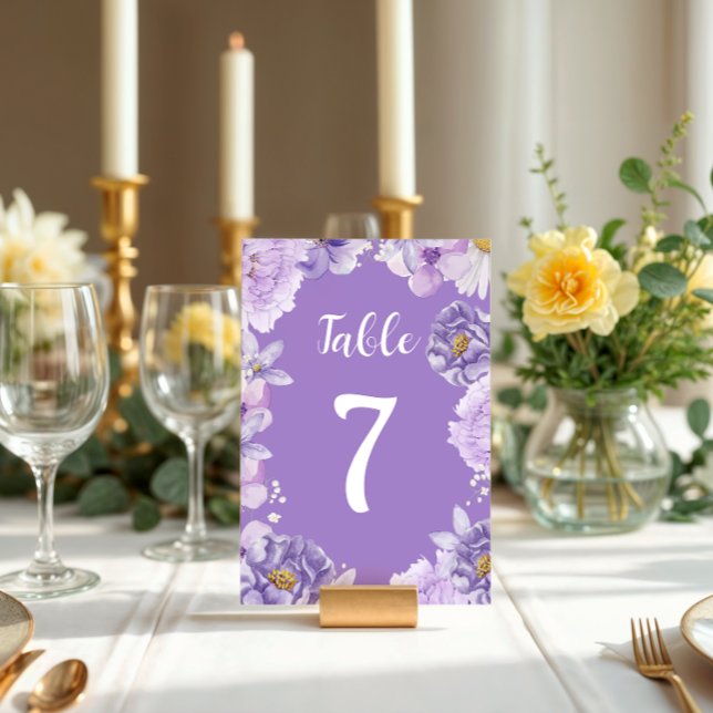 Purple Peonies Romance Wedding Table Number Pedestal Sign (Creator Uploaded)