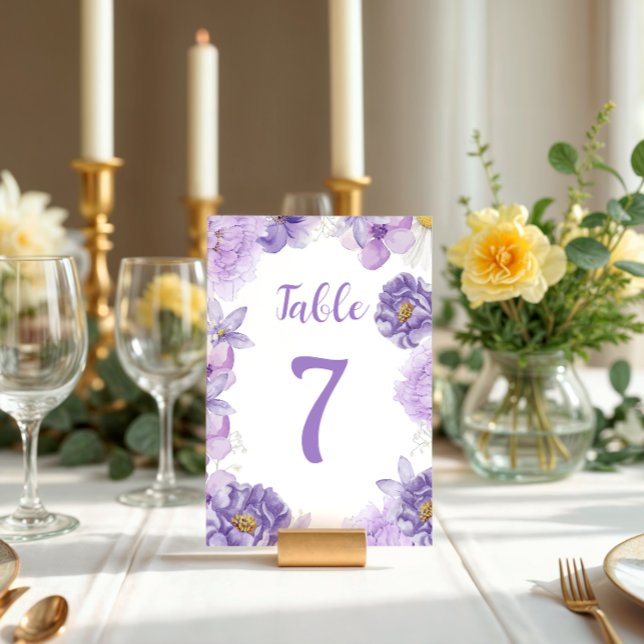 Purple Peonies Romance Wedding Table Number Pedestal Sign (Creator Uploaded)