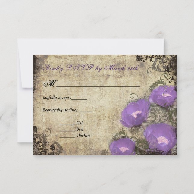 Purple Peonies Vintage Wedding Invitation RSVP (Front)