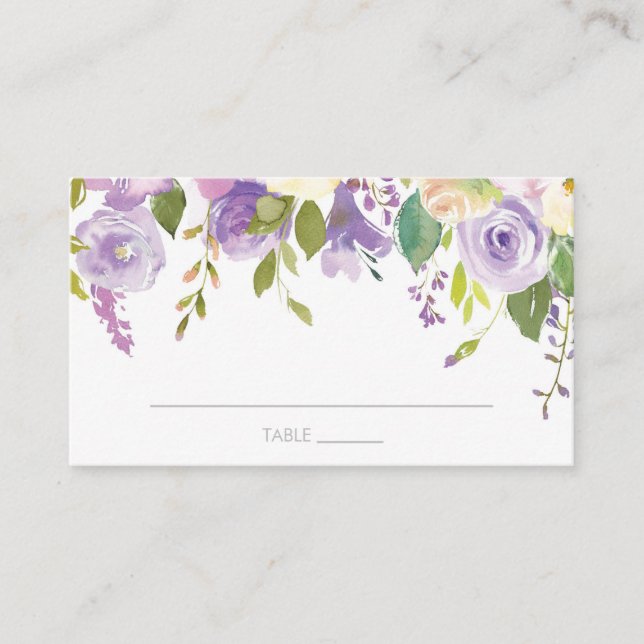 Purple Peonies Watercolor Floral Flat Place Card (Front)