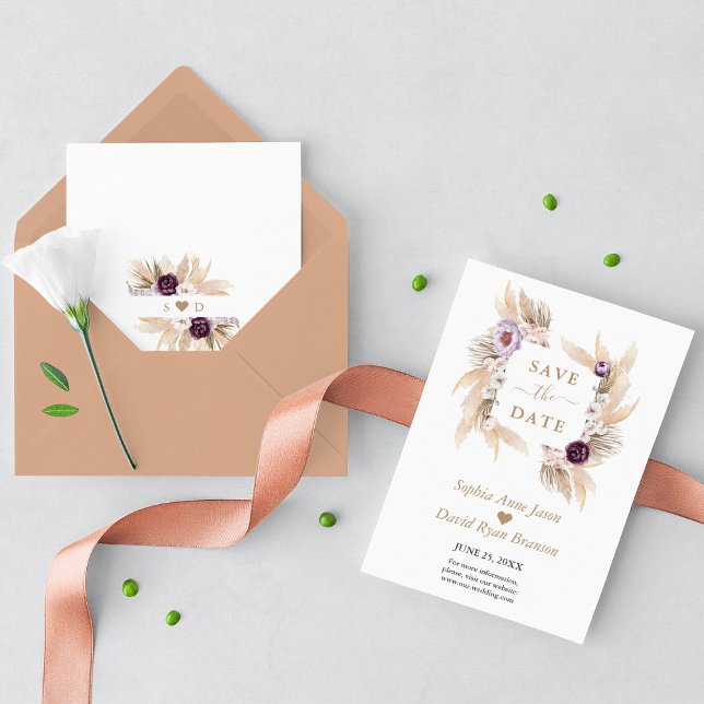 Purple Peonies White Orchid Pampas Grass Wedding Save The Date (pampas purple floral wedding save the date trendy modern)