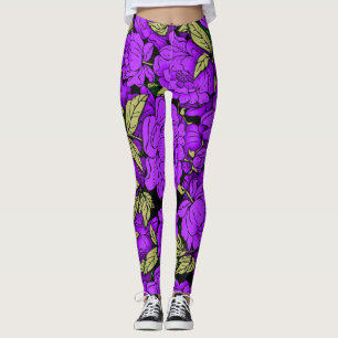 Purple Peonies with Gold Leaves Leggings