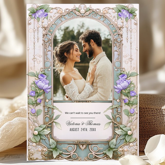 Purple Peony and Gold Frame Art Nouveau Wedding Invitation (Creator Uploaded)