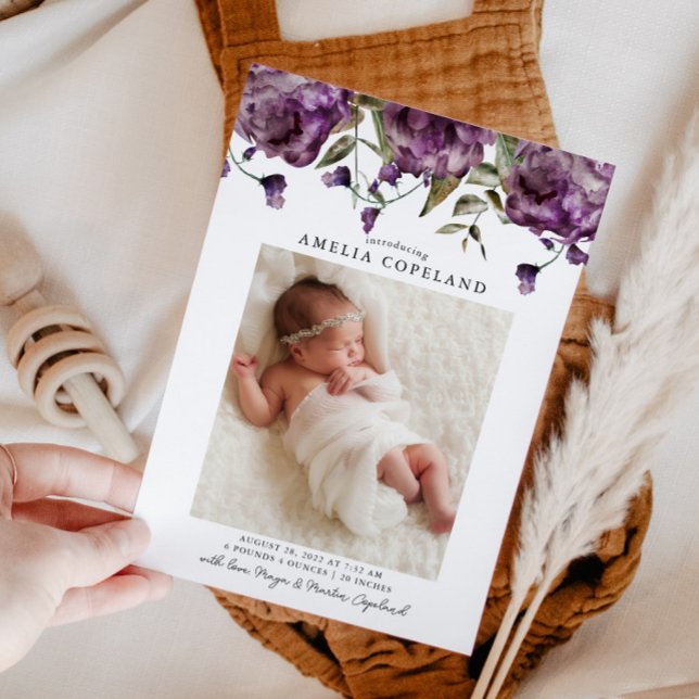 Purple Peony Baby Photo Birth Announcement (Creator Uploaded)