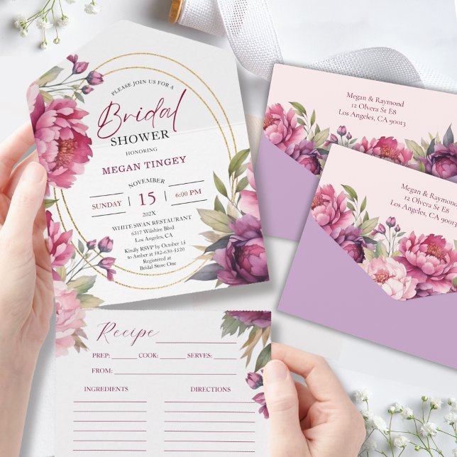 Purple Peony Bridal Shower Recipe All in One Invitation (Creator Uploaded)