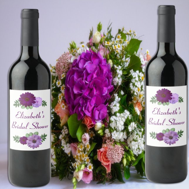Purple Peony Floral Bridal Shower Wine Label (Creator Uploaded)