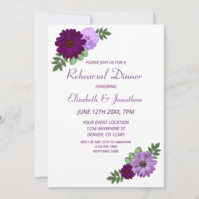 Purple Peony Floral Rehearsal Dinner Invitation (Front)