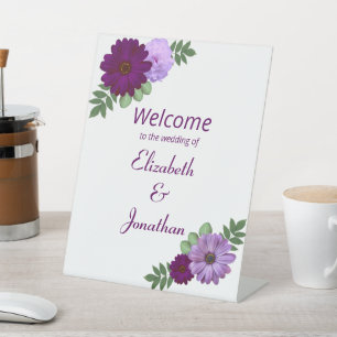 Purple Peony Floral Wedding Pedestal Sign