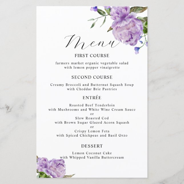 Purple Peony Flower Wedding Dinner Menu (Front)