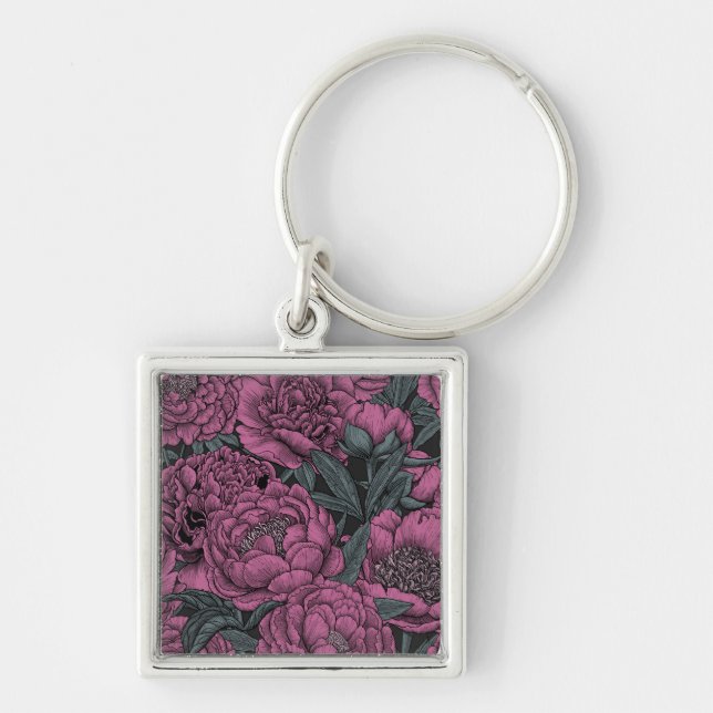 Purple peony flowers key ring (Front)