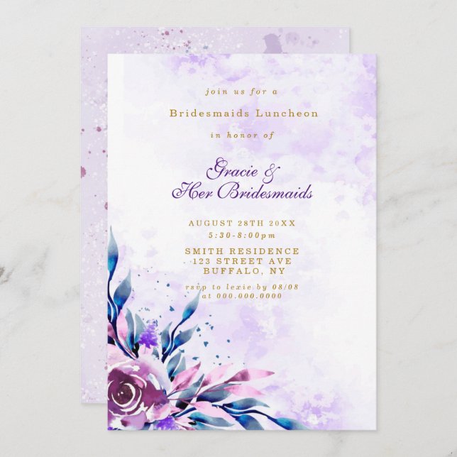 Purple Peony Gold Bridesmaids Luncheon Invites (Front/Back)