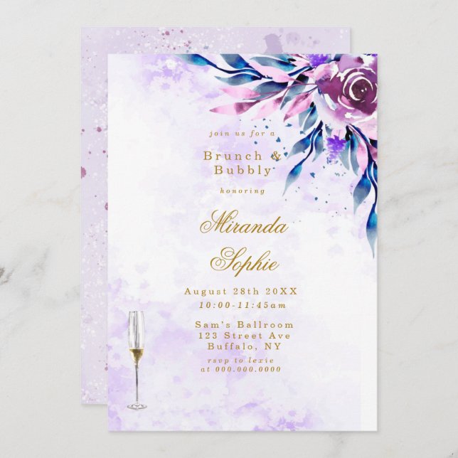 Purple Peony Gold Brunch & Bubbly Invites (Front/Back)