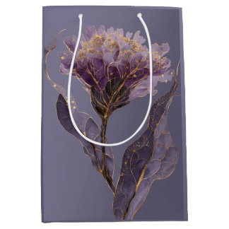 Purple Peony Inspired Floral Gold Accents Medium Gift Bag