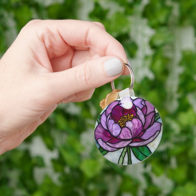 Purple Peony Stained Glass Key Ring (Hand)