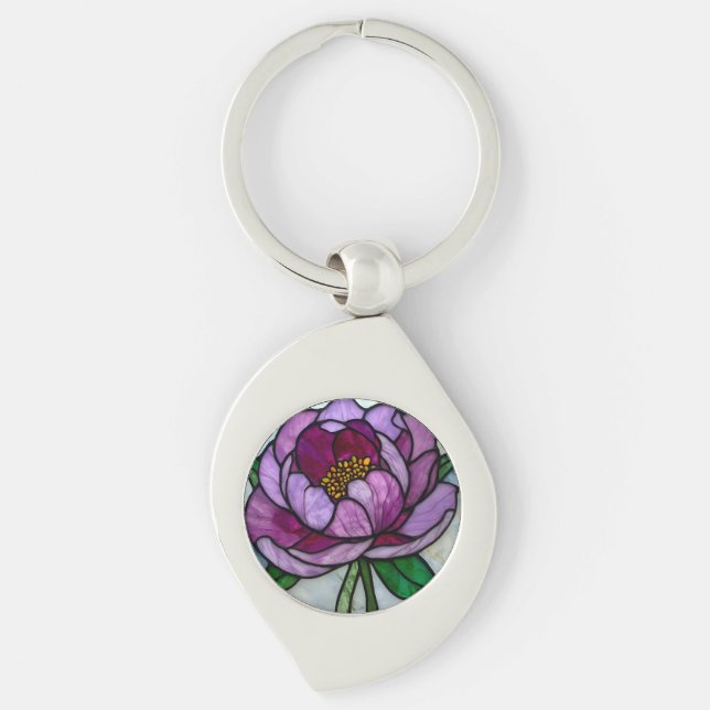 Purple Peony Stained Glass Key Ring (Front)