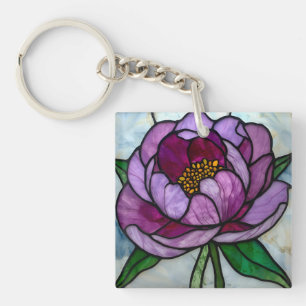 Purple Peony Stained Glass Key Ring
