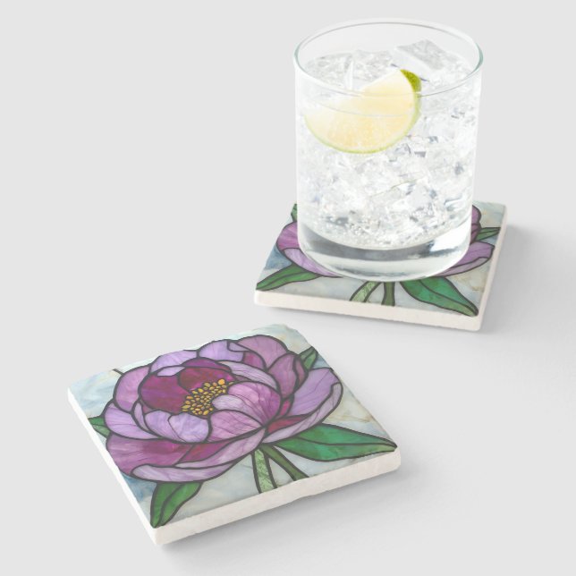 Purple Peony Stained Glass Stone Coaster (Side)