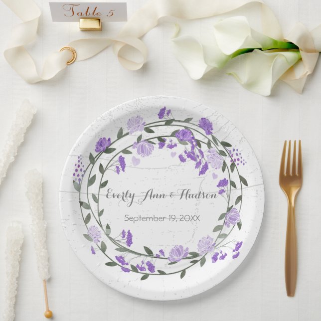 Purple Peony Watercolor Photo Wedding Paper Plate (Wedding)