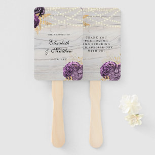 Purple Peony Wood String Of Lights Wedding Hand Fan