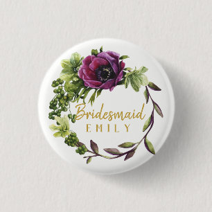 Purple Peony Wreath Bridesmaid Name ID456 3 Cm Round Badge