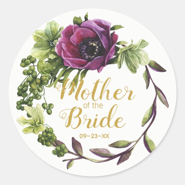 Purple Peony Wreath Mother of the Bride ID456 Classic Round Sticker (Front)