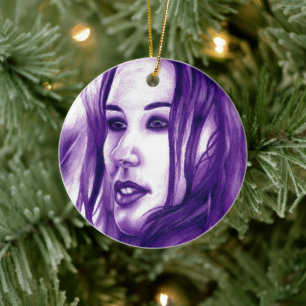 Purple People Woman Portrait Original Art Ceramic Tree Decoration