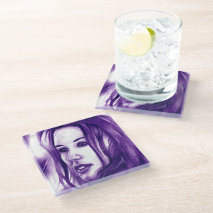 Purple People Woman Portrait Original Art Glass Coaster