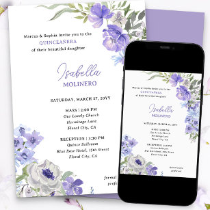 Purple Peri Floral Elegant Quinceanera and Mass Invitation