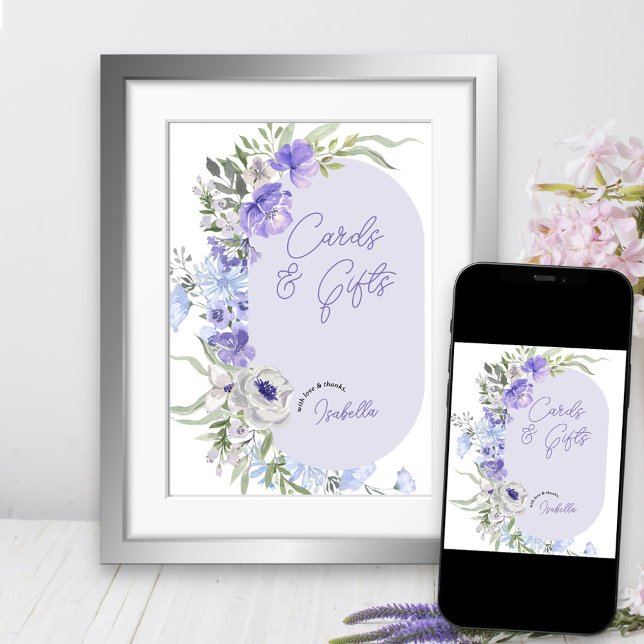 Purple Peri Floral Hand Lettered Cards & Gifts Poster (Purple floral party sign available printed or as a download)
