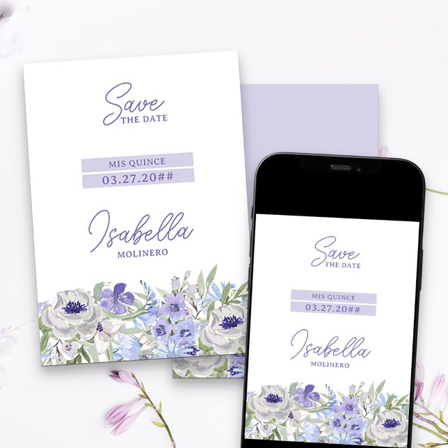 Purple Peri Girly Floral Mis Quince Save The Date (Purple floral Save the Date with modern color blocks)