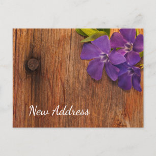 Purple Periwinkle Flowers Barn Wood New Address Announcement Postcard