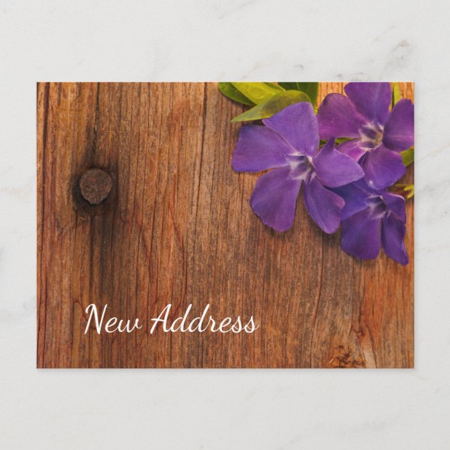 Purple Periwinkle Flowers Barn Wood New Address Announcement Postcard (Front)