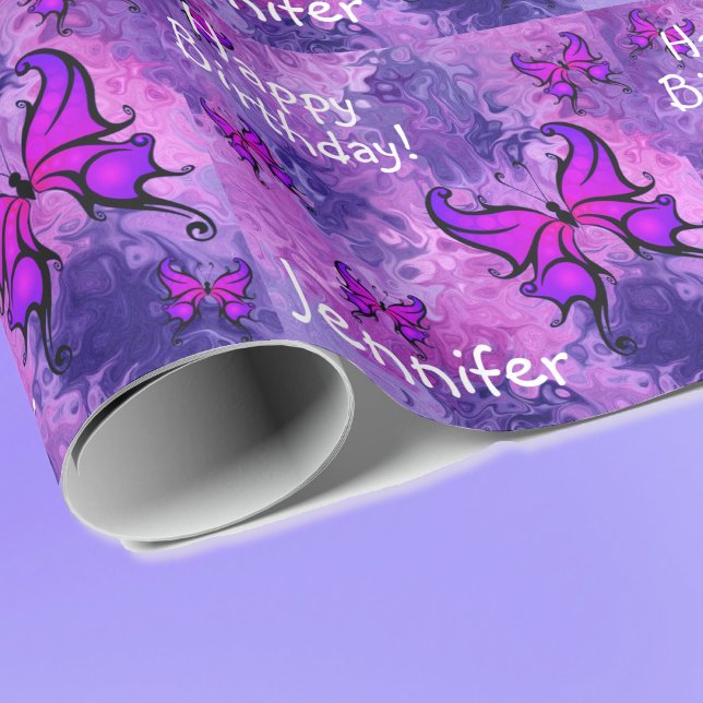 Purple Personalise Name Butterfly Roll of Birthday Wrapping Paper (Creator Uploaded)