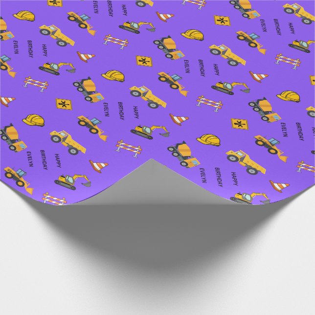 Purple Personalised Construction Birthday Wrapping Paper (Corner)