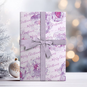 Purple Personalised Merry Christmas Script Floral Wrapping Paper