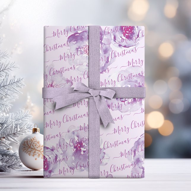 Purple Personalised Merry Christmas Script Floral Wrapping Paper (Purple Personalized Merry Christmas Script Floral Wrapping Paper)