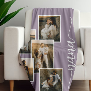 Purple Personalised Nana Grandkid 5 Photo Collage  Fleece Blanket