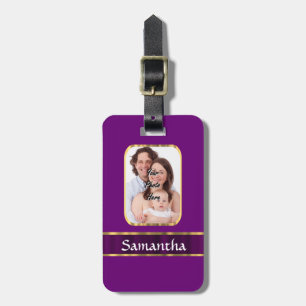 Purple personalised photo luggage tag