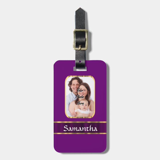 Purple personalised photo luggage tag (Front Vertical)